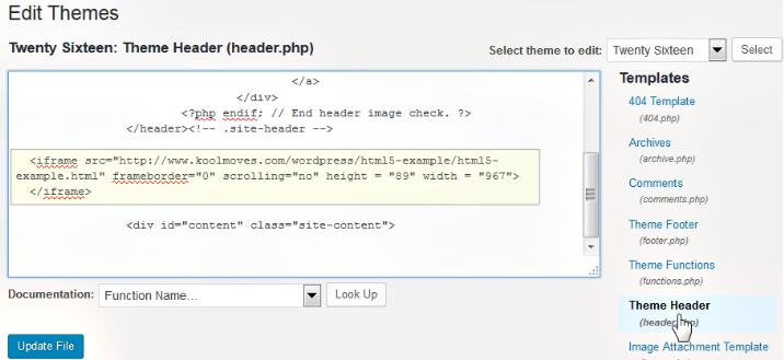 edit wordpress header file